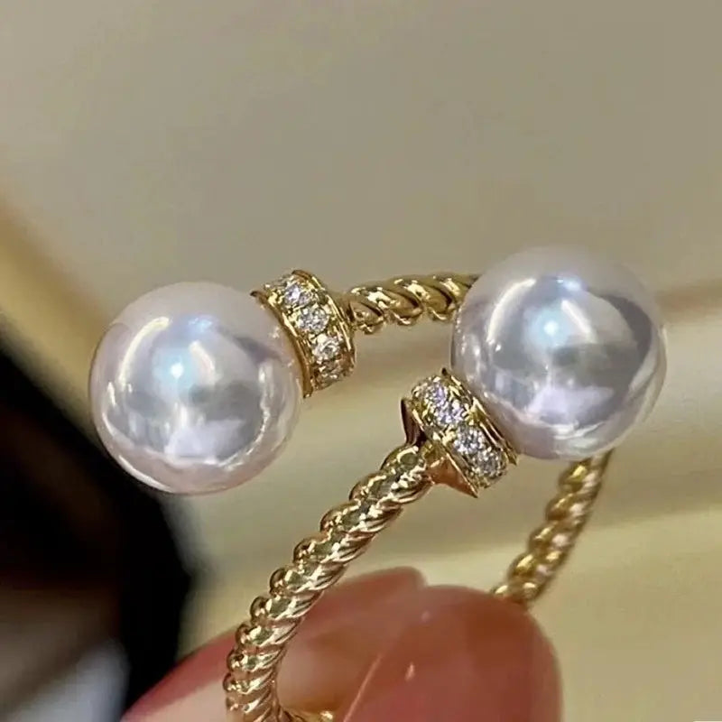 Huitan Temperament Double Imitation Pearl Open Ring Twist Gold Color Band New Fashion Women's Accessories Wedding Jewelry 2023 by All Mart Bristol Ltd