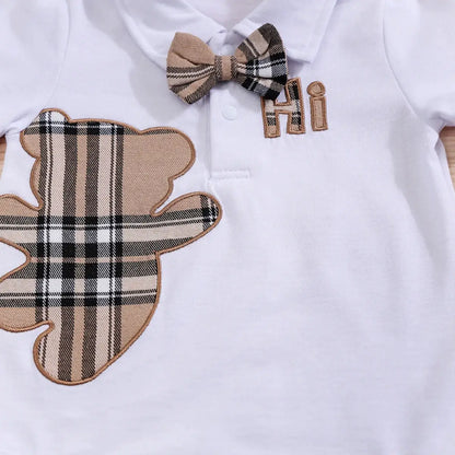 2PCS IURNXB Baby Clothes Sets Short Sleeve Boys Infant Plaid Bear Bodysuit+Suspenders Trousers Set Overall Newborn Outfits 1-18M by All Mart Bristol Ltd