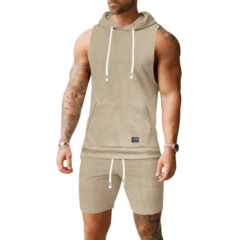 Men Casual 2 Piece Set Fashion Jacquard Knitted T-shirt Hooded Sleeveless Vest Elastic Waist Shorts Jogging Fitness Apparel by All Mart Bristol Ltd