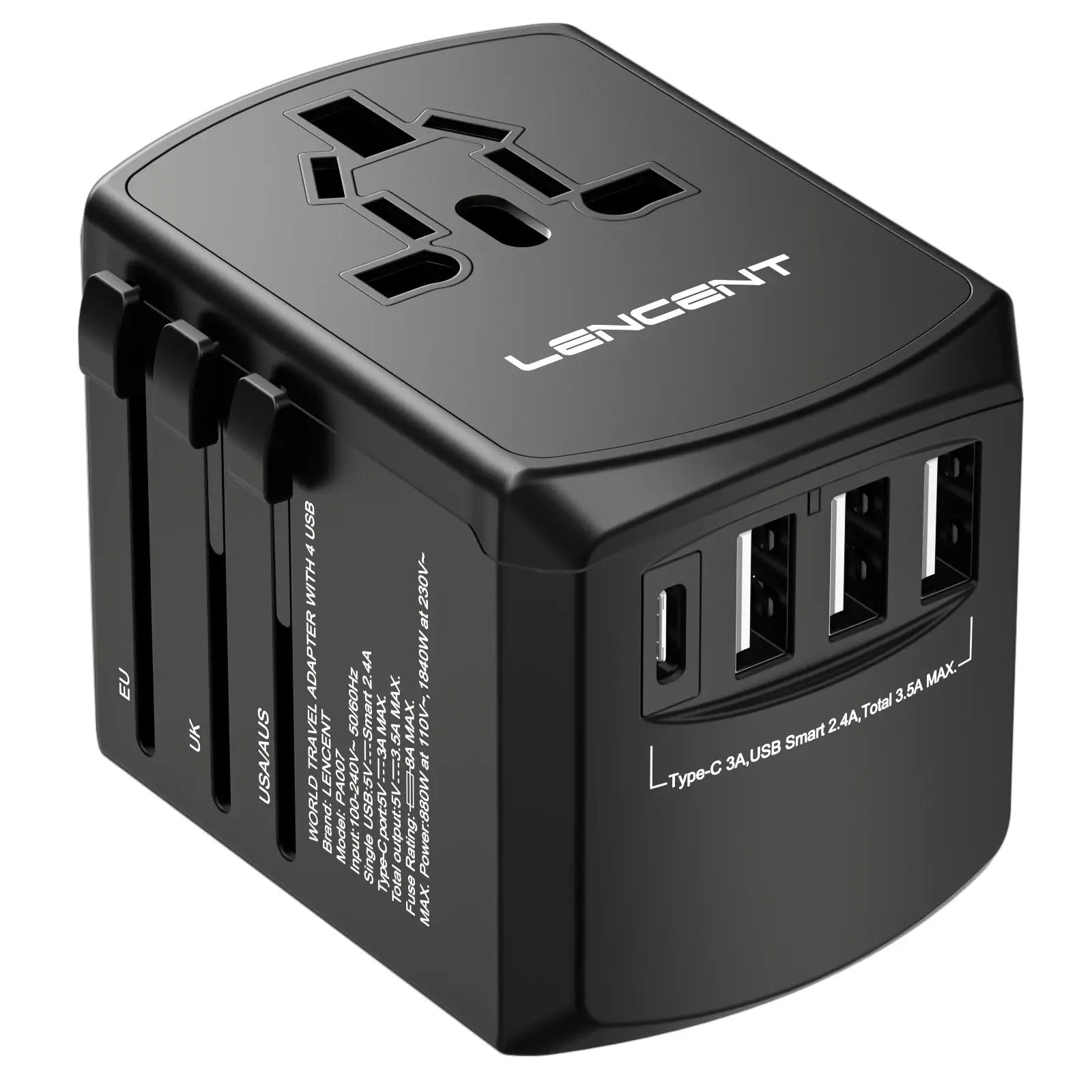 LENCENT Universal Travel Adapter with USB-C and 3 USB Ports by All Mart Bristol Ltd