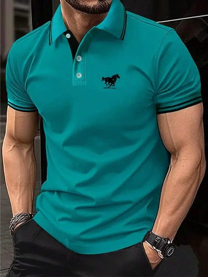 Men Horse Print Striped Trim Polo Shirt Short Sleeve Basic Modern Solid Color Golf Shirt Men's Clothing by All Mart Bristol Ltd