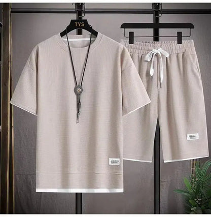2026 new Summer Men's Waffle Sets Casual T-Shirt And Shorts Set Male Sports Suit Solid Color Tracksuit Loose Suits by All Mart Bristol Ltd