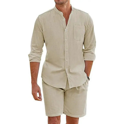 Daily Casual Breathable Cotton Linen Outfits Mens Vintage Stand Collar Button-up Shirts And Shorts Sets For Men Clothing Summer by All Mart Bristol Ltd