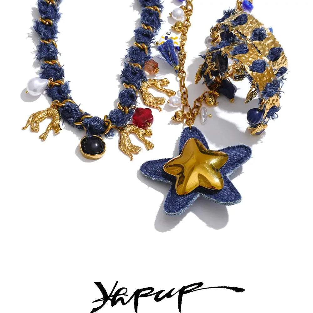 Yhpup Exclusive Design Blue Denim Heart Star Animal Pendant Necklace Bracelet Bangle Popular Charm Jewelry Autumn & Winter New by All Mart Bristol Ltd