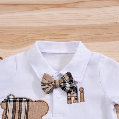 2PCS IURNXB Baby Clothes Sets Short Sleeve Boys Infant Plaid Bear Bodysuit+Suspenders Trousers Set Overall Newborn Outfits 1-18M by All Mart Bristol Ltd