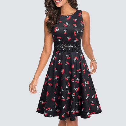 Women Vintage Casual Round Neck A line Summer Elegant Floral Lace Patchwork Sleeveless Tunic Party Swing Dress HA079 by All Mart Bristol Ltd