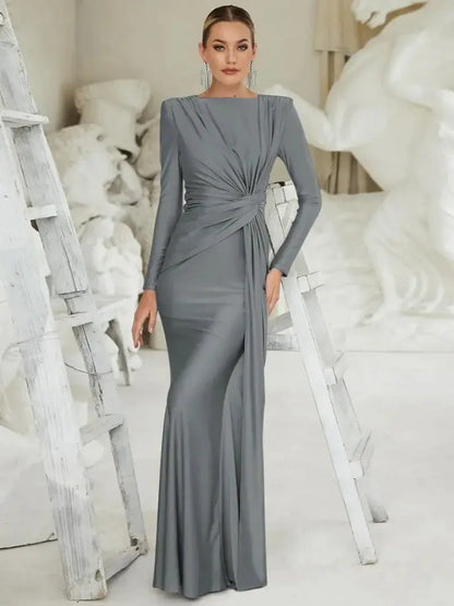 Luxury Women's Formal Occasion Dress Elegant Ladies O-neck Long Sleeve Folds High Waist Bodycon Gray Dresses Evening Party Robe by All Mart Bristol Ltd