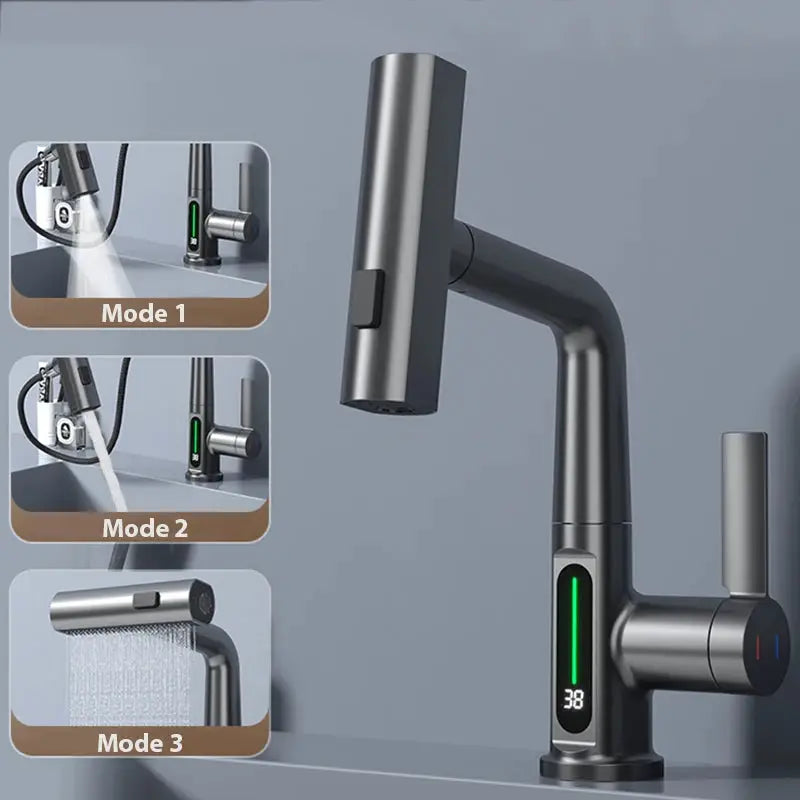 Waterfall Temperature Digital Display Basin Faucet Lift Up Down Stream Sprayer Hot Cold Water Sink Mixer Wash Tap For Bathroom by All Mart Bristol Ltd