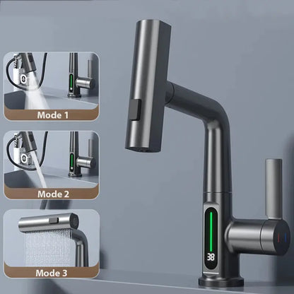 Waterfall Temperature Digital Display Basin Faucet Lift Up Down Stream Sprayer Hot Cold Water Sink Mixer Wash Tap For Bathroom by All Mart Bristol Ltd