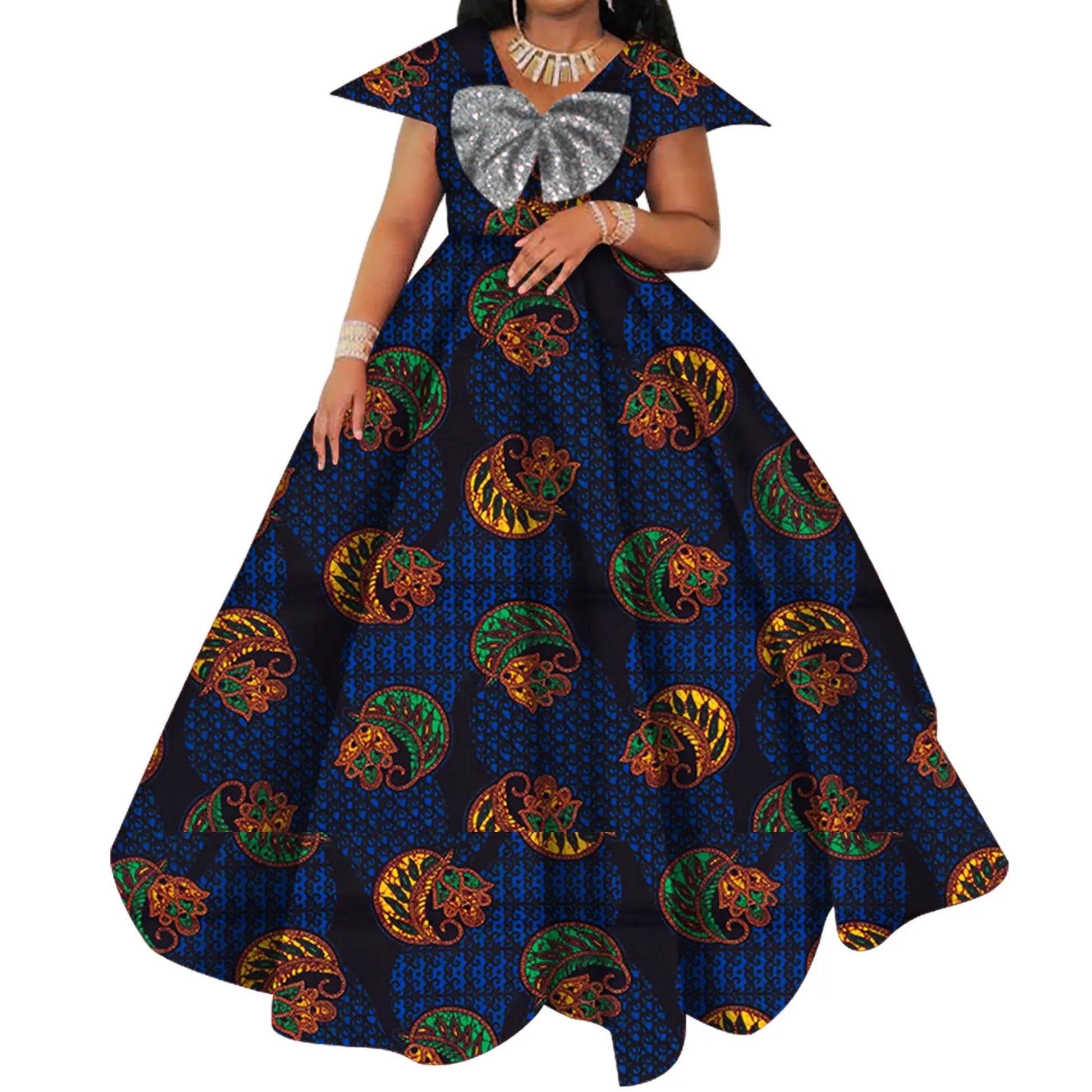 Bazin Riche African Print Dresses for Women Short Sleeve Long Wedding Dress Party Vestido Cotton Women African Clothing WY6098 by All Mart Bristol Ltd