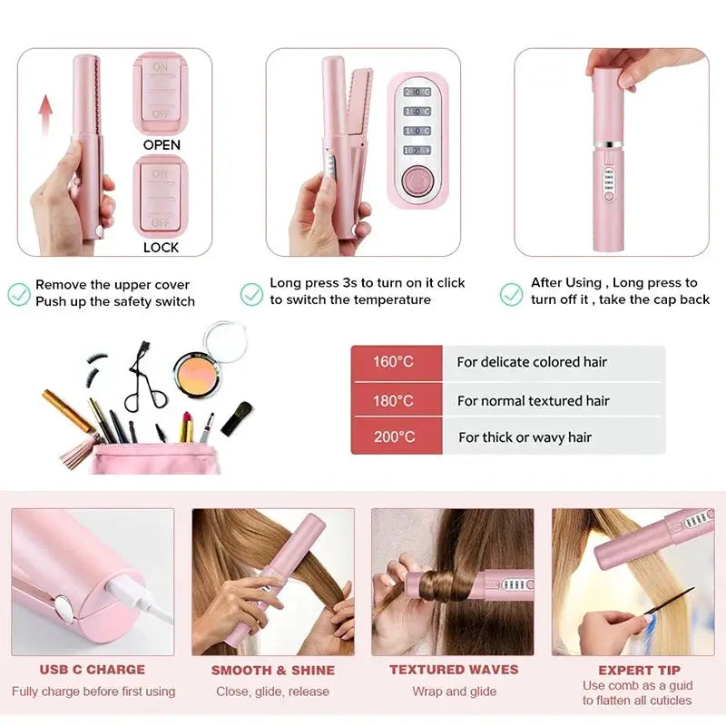 2-IN-1 Cordless Electric Heating Hair Straightener Rechargeable Travel Double Use Straight Hair Straightener And Curling Iron by All Mart Bristol Ltd