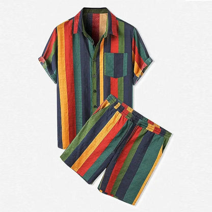 Men's Striped Tracksuit Streetwear Lapel Short Sleeve Shirts and Drawstring Shorts Casual Holiday Hawaiian 2 Piece Sets 2025 New by All Mart Bristol Ltd