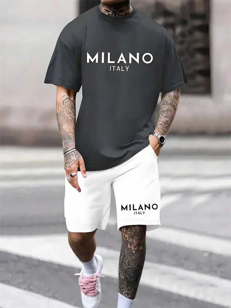 Two-piece Milano Print Men's Set Summer Casual Everyday Men's Short-sleeved T-shirt Outdoor Street Men Fashion Sports Shorts by All Mart Bristol Ltd