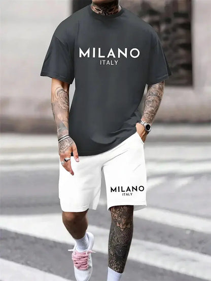 Two-piece Milano Print Men's Set Summer Casual Everyday Men's Short-sleeved T-shirt Outdoor Street Men Fashion Sports Shorts by All Mart Bristol Ltd
