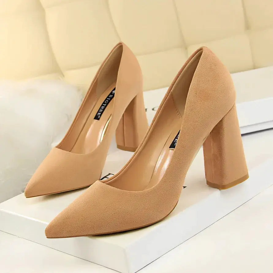 Summer Women 8.5cm High Heels Pumps Escarpins Elegant Sweet Lady Wedding Block Square Middle Heels Flock Suede Nightclub Shoes by All Mart Bristol Ltd