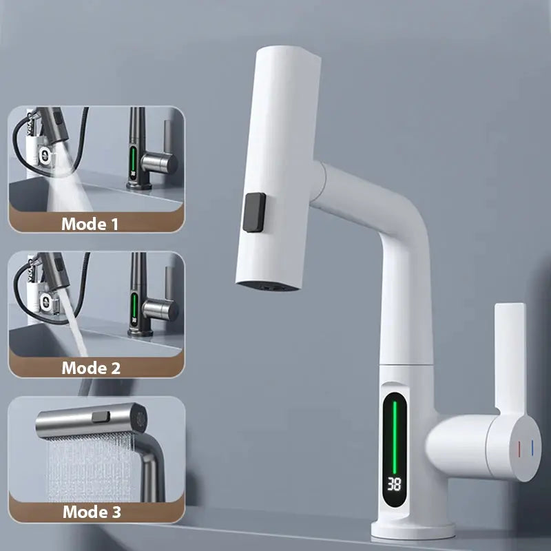 Waterfall Temperature Digital Display Basin Faucet Lift Up Down Stream Sprayer Hot Cold Water Sink Mixer Wash Tap For Bathroom by All Mart Bristol Ltd