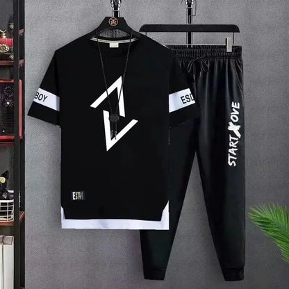 Hot selling new men's casual sports set fashionable and trendy printed versatile round neck T-shirt+sports pants two-piece set by All Mart Bristol Ltd
