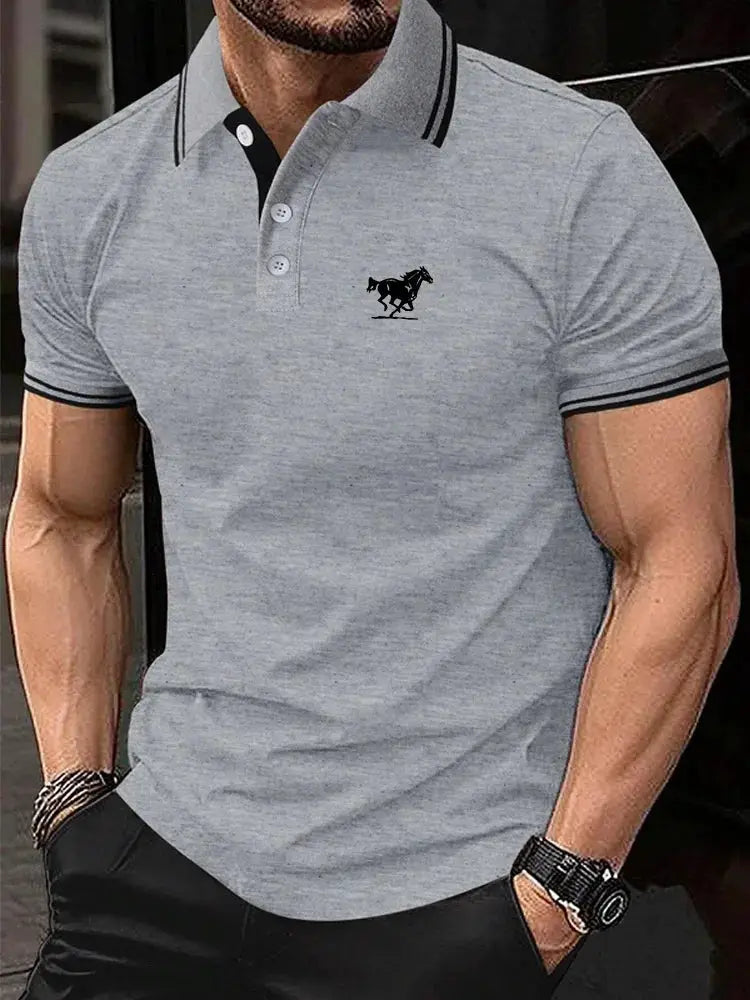 Men Horse Print Striped Trim Polo Shirt Short Sleeve Basic Modern Solid Color Golf Shirt Men's Clothing by All Mart Bristol Ltd