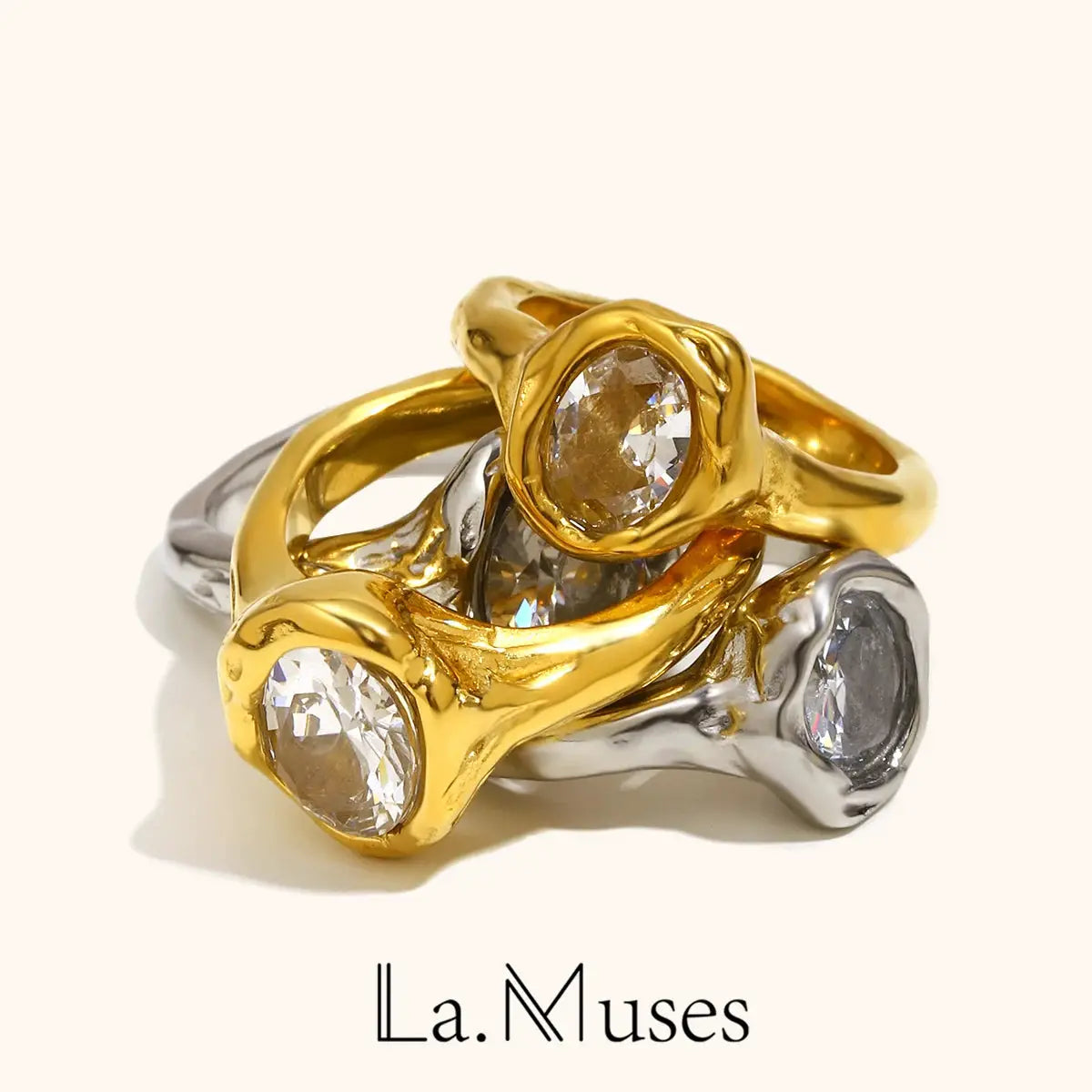 La. Muses Luxury Shiny Round Zircon Irregular Stainless Steel Women's Ring PVD Gold Plated Fashion Jewelry Accessories by All Mart Bristol Ltd