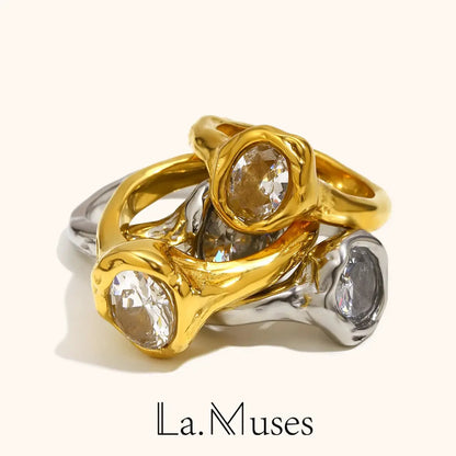 La. Muses Luxury Shiny Round Zircon Irregular Stainless Steel Women's Ring PVD Gold Plated Fashion Jewelry Accessories by All Mart Bristol Ltd