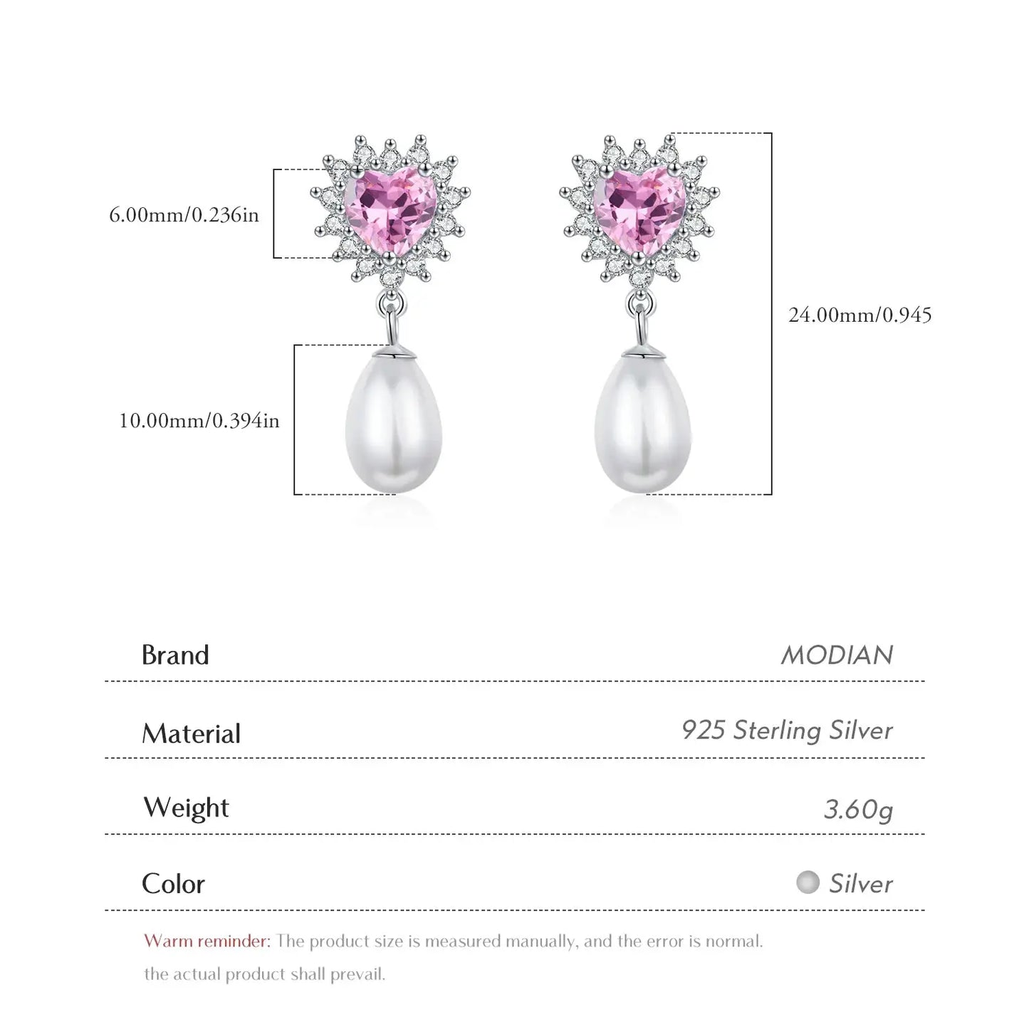 MODIAN 925 Sterling Silver Hearts Pink Zircon Romantic Dangle Earrings Elegant Shell Pearl Drop Earrings For Women Fine Jewelry by All Mart Bristol Ltd