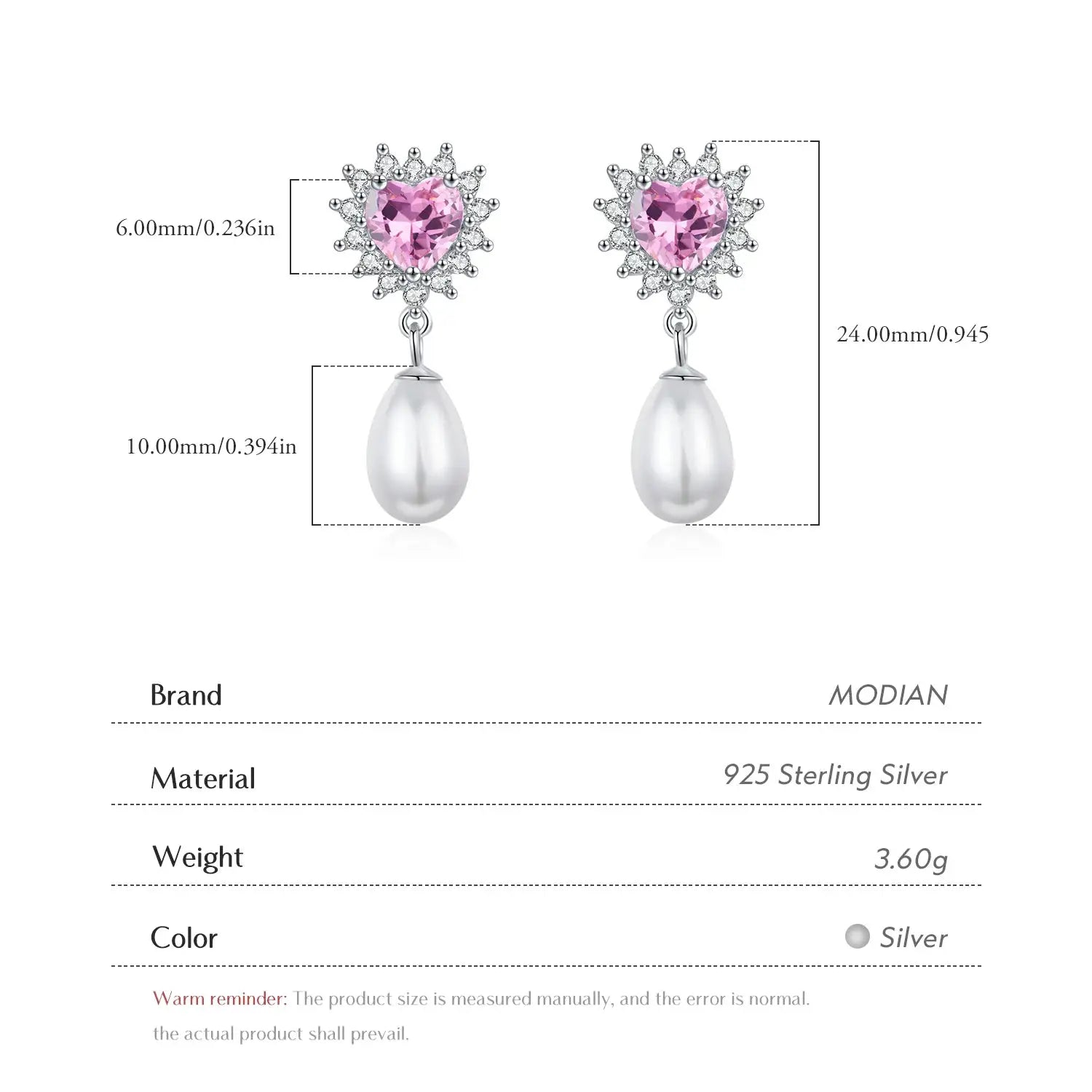 MODIAN 925 Sterling Silver Hearts Pink Zircon Romantic Dangle Earrings Elegant Shell Pearl Drop Earrings For Women Fine Jewelry by All Mart Bristol Ltd