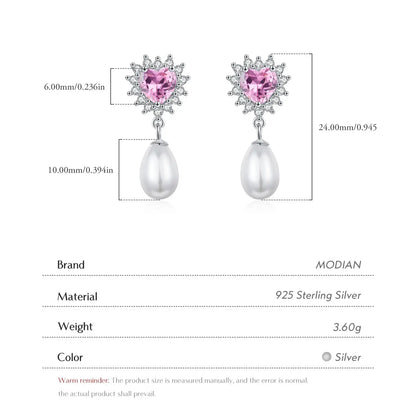 MODIAN 925 Sterling Silver Hearts Pink Zircon Romantic Dangle Earrings Elegant Shell Pearl Drop Earrings For Women Fine Jewelry by All Mart Bristol Ltd