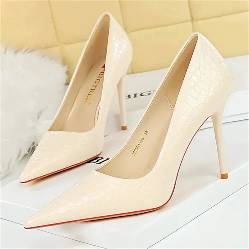 Women 10cm High Heels Stiletto Pumps Pointed Toe Green Nude Heels Office Lady Serpentine Patent Leather Wedding Party Prom Shoes by All Mart Bristol Ltd
