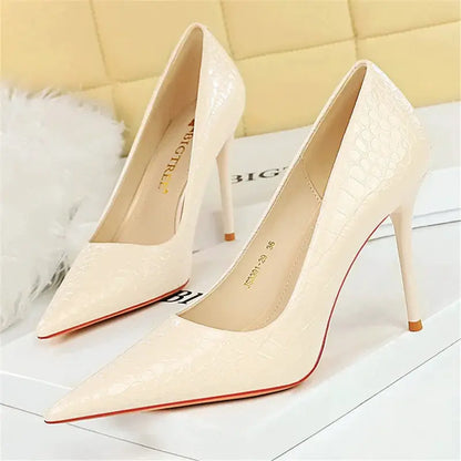 Women 10cm High Heels Stiletto Pumps Pointed Toe Green Nude Heels Office Lady Serpentine Patent Leather Wedding Party Prom Shoes by All Mart Bristol Ltd