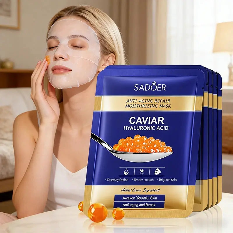 5pcs SADOER Caviar Hyaluronic Acid Moisturizing Facial Masks Brightening Firming Hydrating Face Mask Facial Skin Care Products by All Mart Bristol Ltd