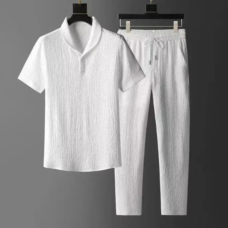 Summer Ultra-thin Five-piece Ice Silk Linen Suit Men's Cotton Linen 2-piece Set Loose-fit Mid-sleeve T-shirt Sports Wear by All Mart Bristol Ltd