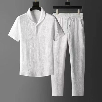 Summer Ultra-thin Five-piece Ice Silk Linen Suit Men's Cotton Linen 2-piece Set Loose-fit Mid-sleeve T-shirt Sports Wear by All Mart Bristol Ltd