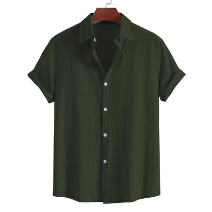 Men's Summer Lapel Short Sleeve Solid Color Button Cardigan, Fashionable Cotton Men's Shirt Tops by All Mart Bristol Ltd