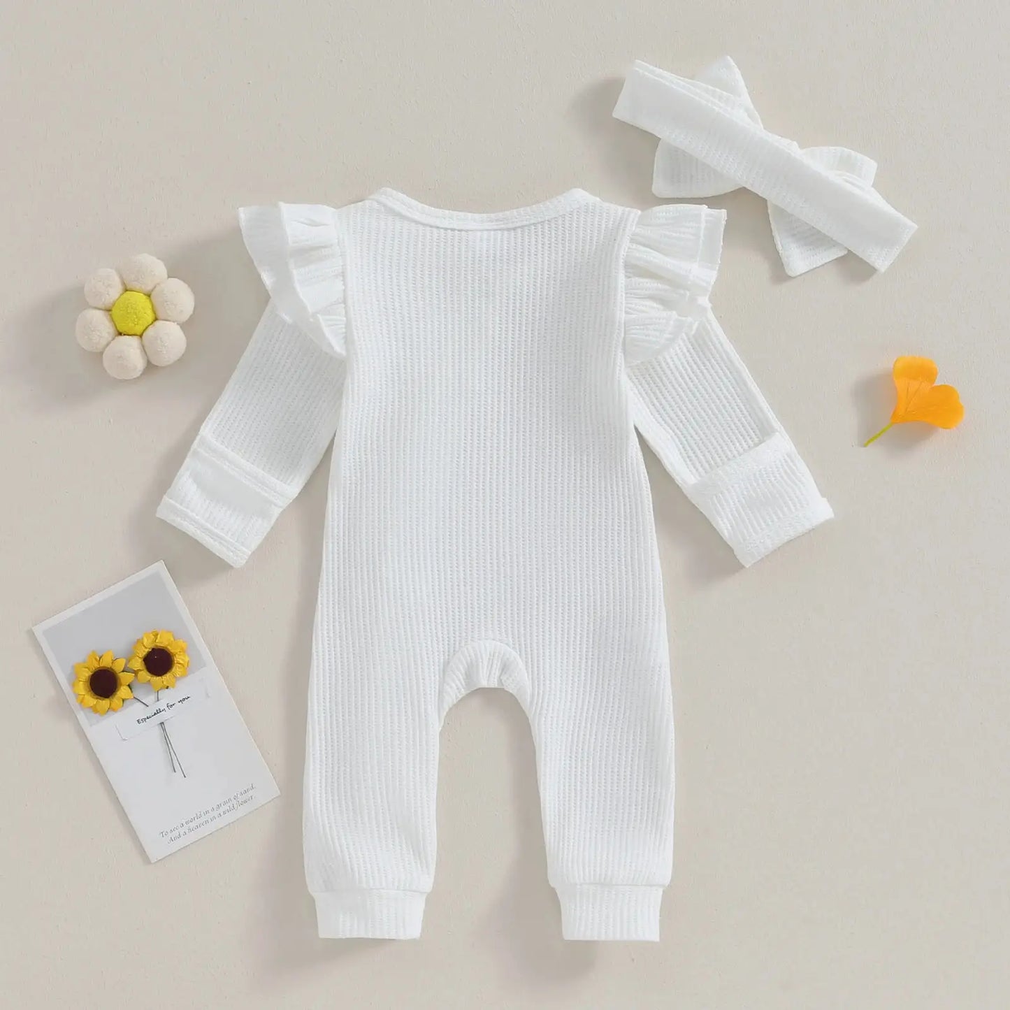 Pudcoco Infant Baby Girl Autumn Jumpsuit Solid Color Round Neck Flying Sleeve Ruffled Zipper Romper with Bow Headband 0-12M by All Mart Bristol Ltd
