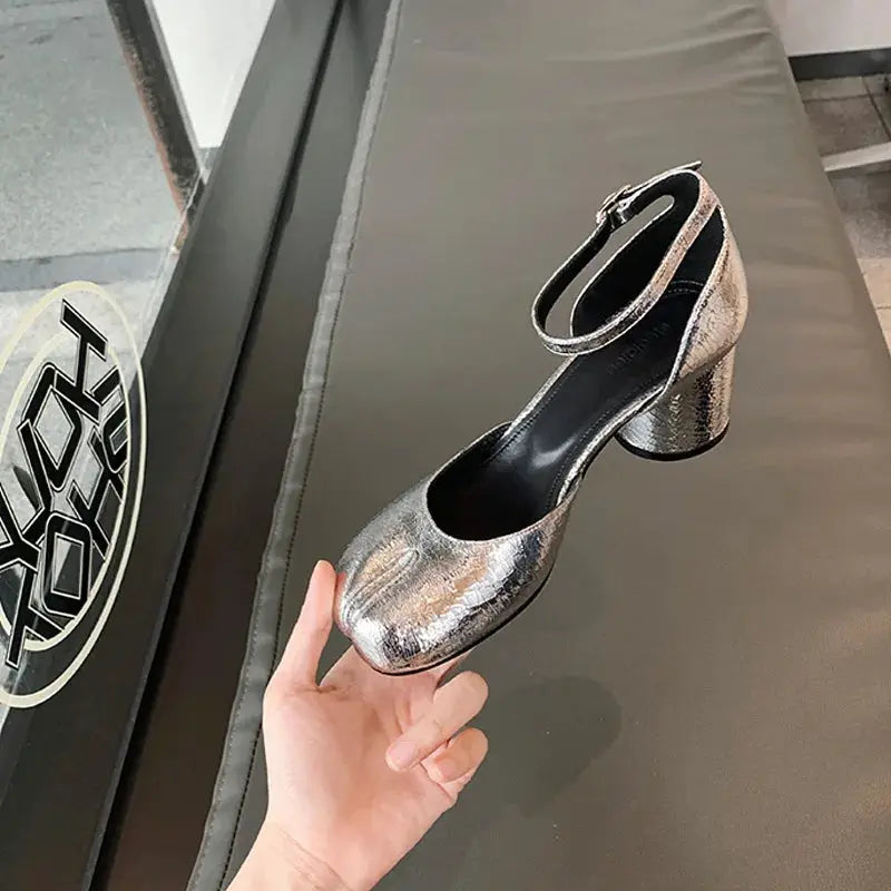 Modern Heels Pumps Women Round High Heel Leather Square Split Toe Pumps Shoes Spring Summer Sandals Mary Janes Shoes Heels Women by All Mart Bristol Ltd