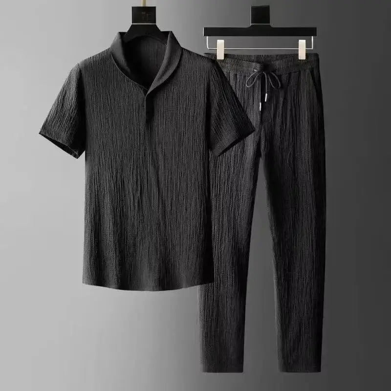 Summer Ultra-thin Five-piece Ice Silk Linen Suit Men's Cotton Linen 2-piece Set Loose-fit Mid-sleeve T-shirt Sports Wear by All Mart Bristol Ltd