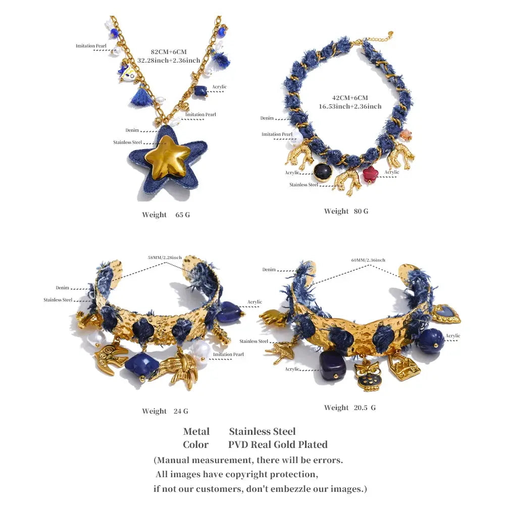 Yhpup Exclusive Design Blue Denim Heart Star Animal Pendant Necklace Bracelet Bangle Popular Charm Jewelry Autumn & Winter New by All Mart Bristol Ltd