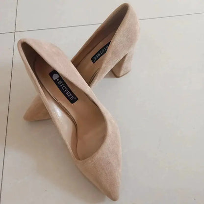 Summer Women 8.5cm High Heels Pumps Escarpins Elegant Sweet Lady Wedding Block Square Middle Heels Flock Suede Nightclub Shoes by All Mart Bristol Ltd