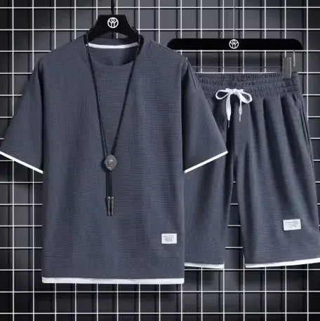 2026 new Summer Men's Waffle Sets Casual T-Shirt And Shorts Set Male Sports Suit Solid Color Tracksuit Loose Suits by All Mart Bristol Ltd