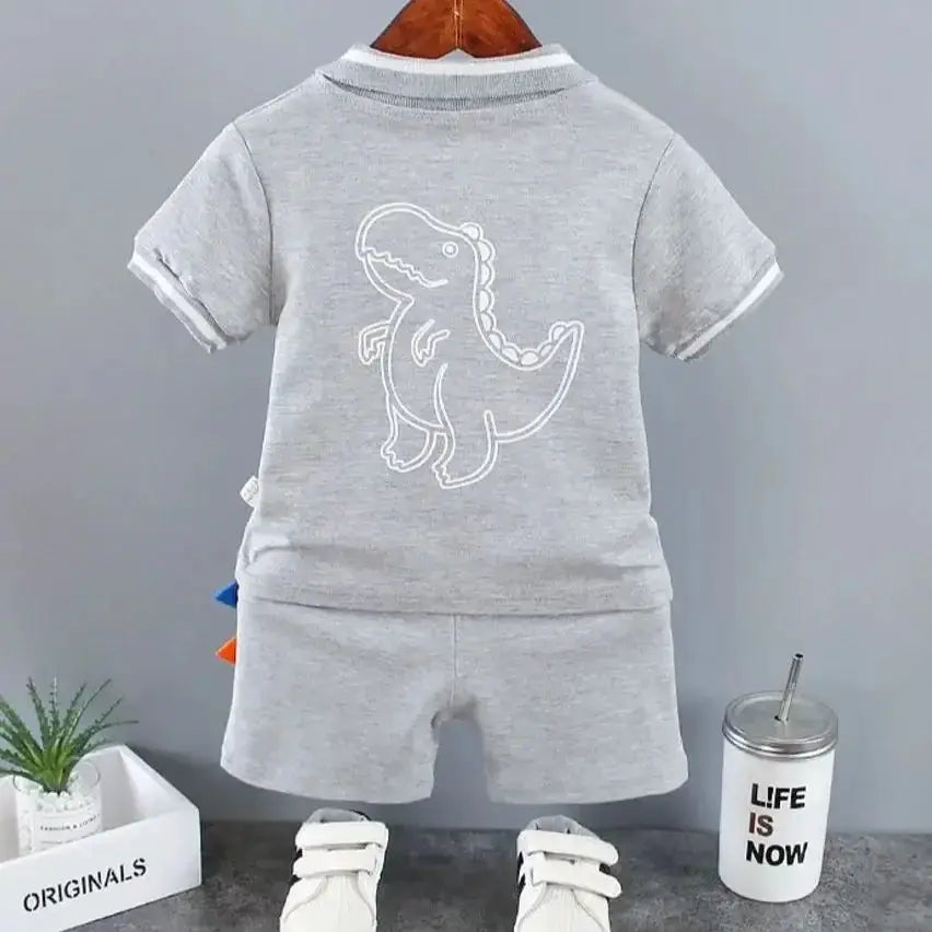 Infant Baby Boy Sets Summer Clothing Casual Sport Suit POLO Shirt + Shorts 2Pcs Set Boys Kids Grey Dinosaur Print Tracksuit by All Mart Bristol Ltd