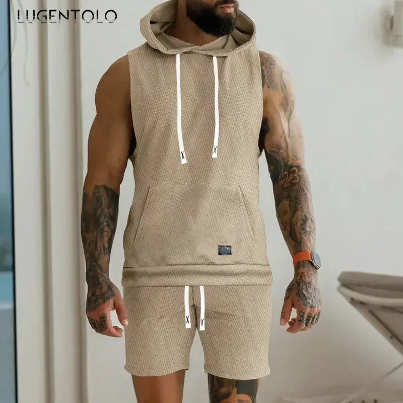 Men Casual 2 Piece Set Fashion Jacquard Knitted T-shirt Hooded Sleeveless Vest Elastic Waist Shorts Jogging Fitness Apparel by All Mart Bristol Ltd