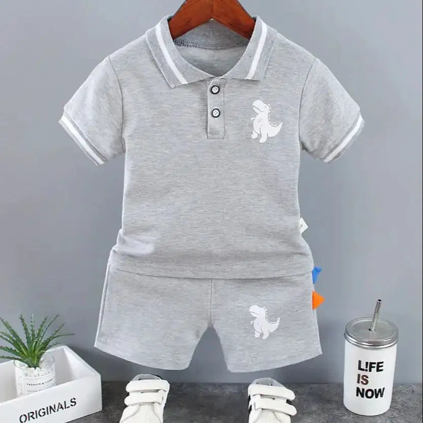 Infant Baby Boy Sets Summer Clothing Casual Sport Suit POLO Shirt + Shorts 2Pcs Set Boys Kids Grey Dinosaur Print Tracksuit by All Mart Bristol Ltd