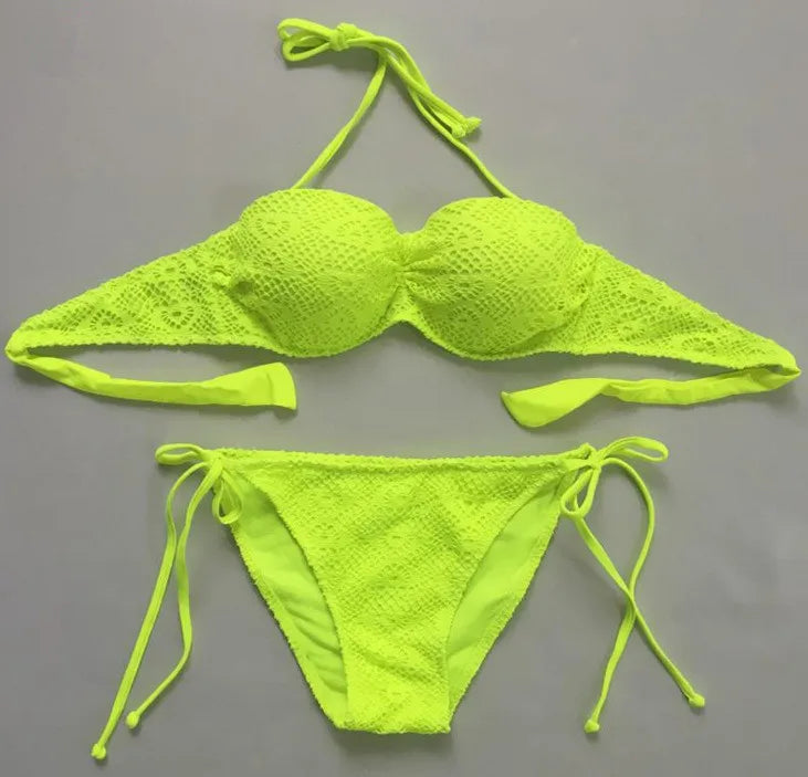 Bikini Solid Strappy Bandage Bikinis Set White Push Up Bikini Swimwear Bandeau Brazilian Swimsuit Bathing Suit Maillot De Bain by All Mart Bristol Ltd