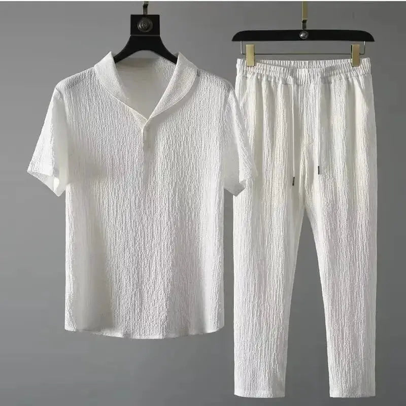 Summer Ultra-thin Five-piece Ice Silk Linen Suit Men's Cotton Linen 2-piece Set Loose-fit Mid-sleeve T-shirt Sports Wear by All Mart Bristol Ltd