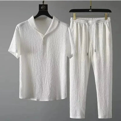Summer Ultra-thin Five-piece Ice Silk Linen Suit Men's Cotton Linen 2-piece Set Loose-fit Mid-sleeve T-shirt Sports Wear by All Mart Bristol Ltd