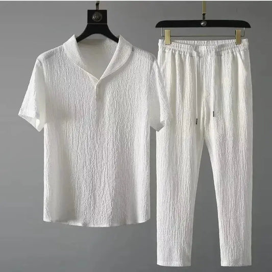 Summer Ultra-thin Five-piece Ice Silk Linen Suit Men's Cotton Linen 2-piece Set Loose-fit Mid-sleeve T-shirt Sports Wear by All Mart Bristol Ltd