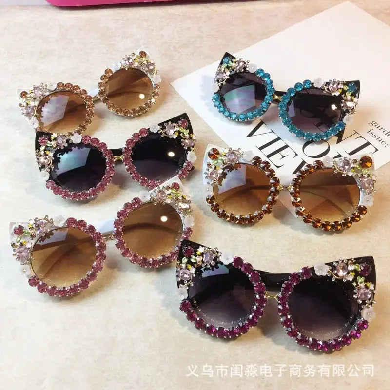 Brand Design Handmade Rhinestone Cat Eye Sunglasses Fashion Glasses Women Flower with Pearl Round Vintage Sunglasses Beach Party by All Mart Bristol Ltd