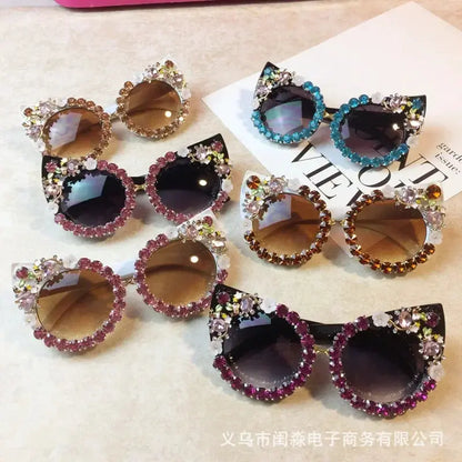 Brand Design Handmade Rhinestone Cat Eye Sunglasses Fashion Glasses Women Flower with Pearl Round Vintage Sunglasses Beach Party by All Mart Bristol Ltd