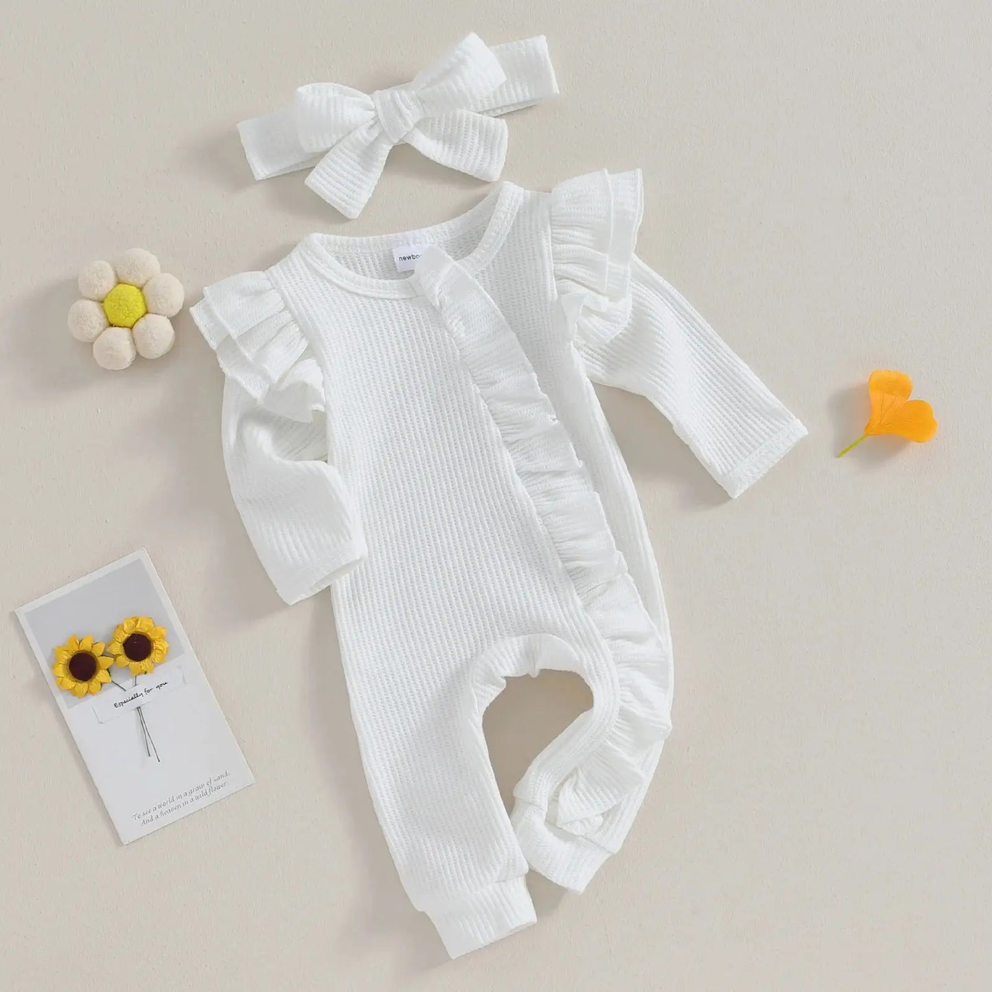 Pudcoco Infant Baby Girl Autumn Jumpsuit Solid Color Round Neck Flying Sleeve Ruffled Zipper Romper with Bow Headband 0-12M by All Mart Bristol Ltd