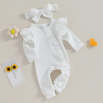 Pudcoco Infant Baby Girl Autumn Jumpsuit Solid Color Round Neck Flying Sleeve Ruffled Zipper Romper with Bow Headband 0-12M by All Mart Bristol Ltd